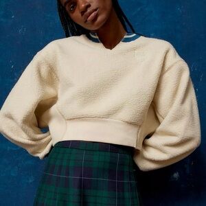 NWT UO BDG Women's Cream and Blue Jumper Sweatshirt Teddy Oversized Crop Pullove